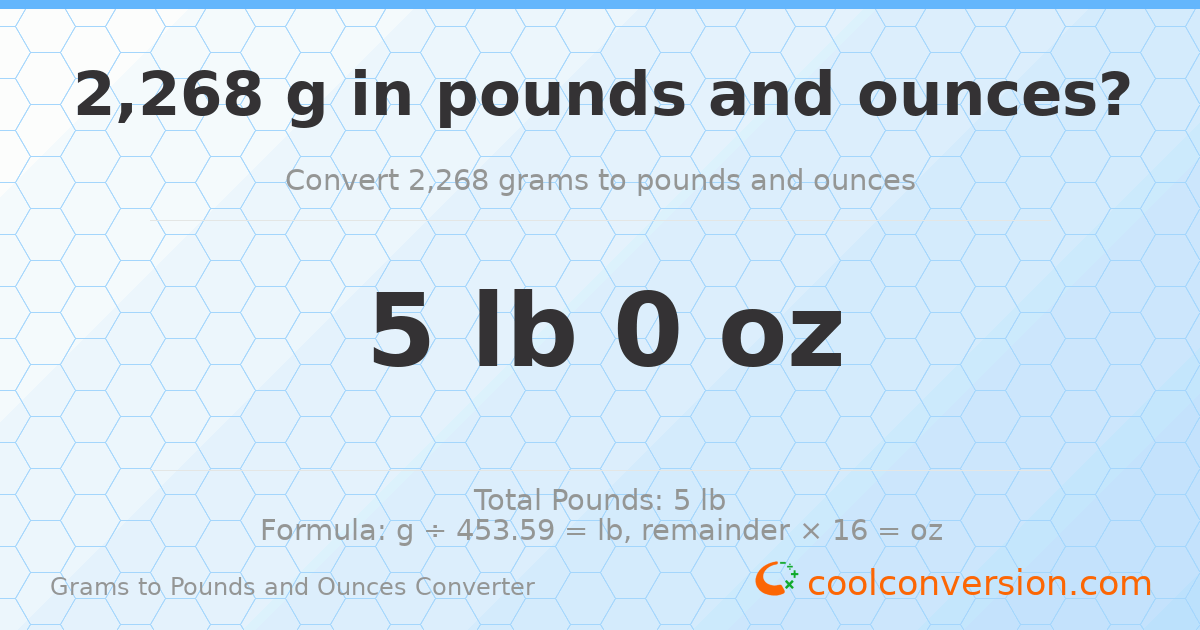 2268 g to lb and oz — 2268 g = 5 lb 0 oz
