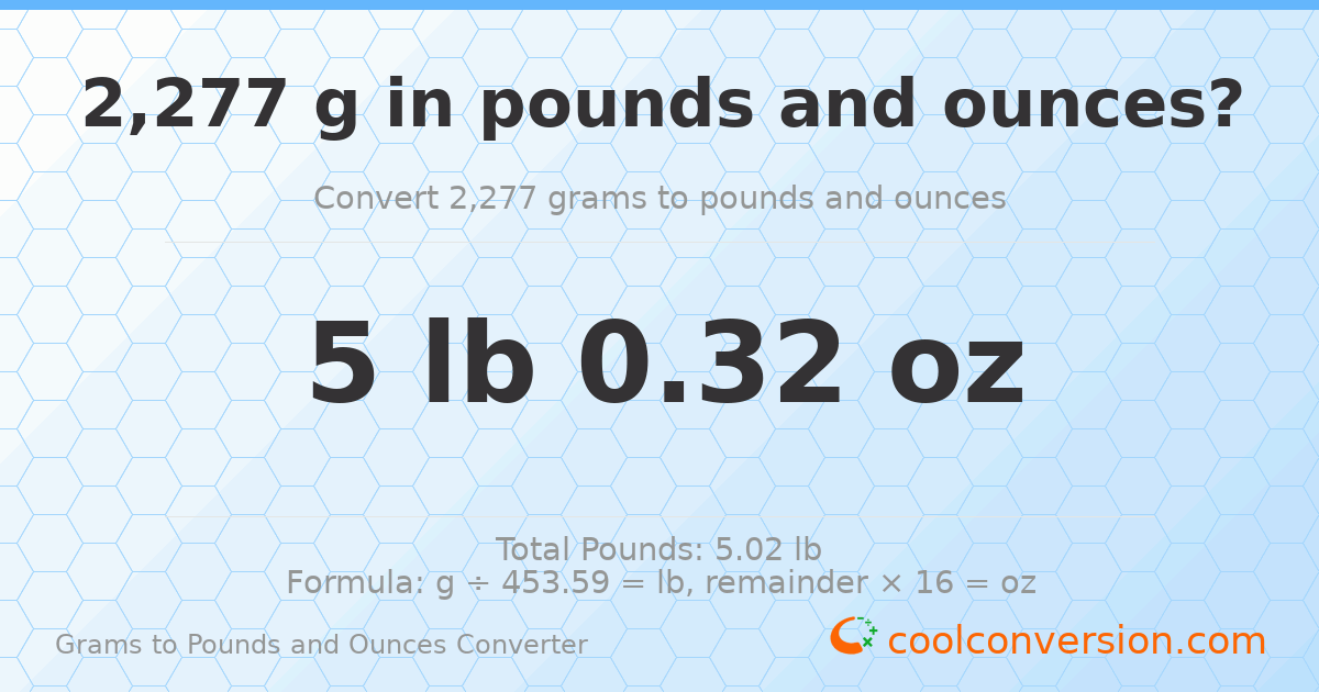 2277 g to lb and oz — 2277 g = 5 lb 0.32 oz
