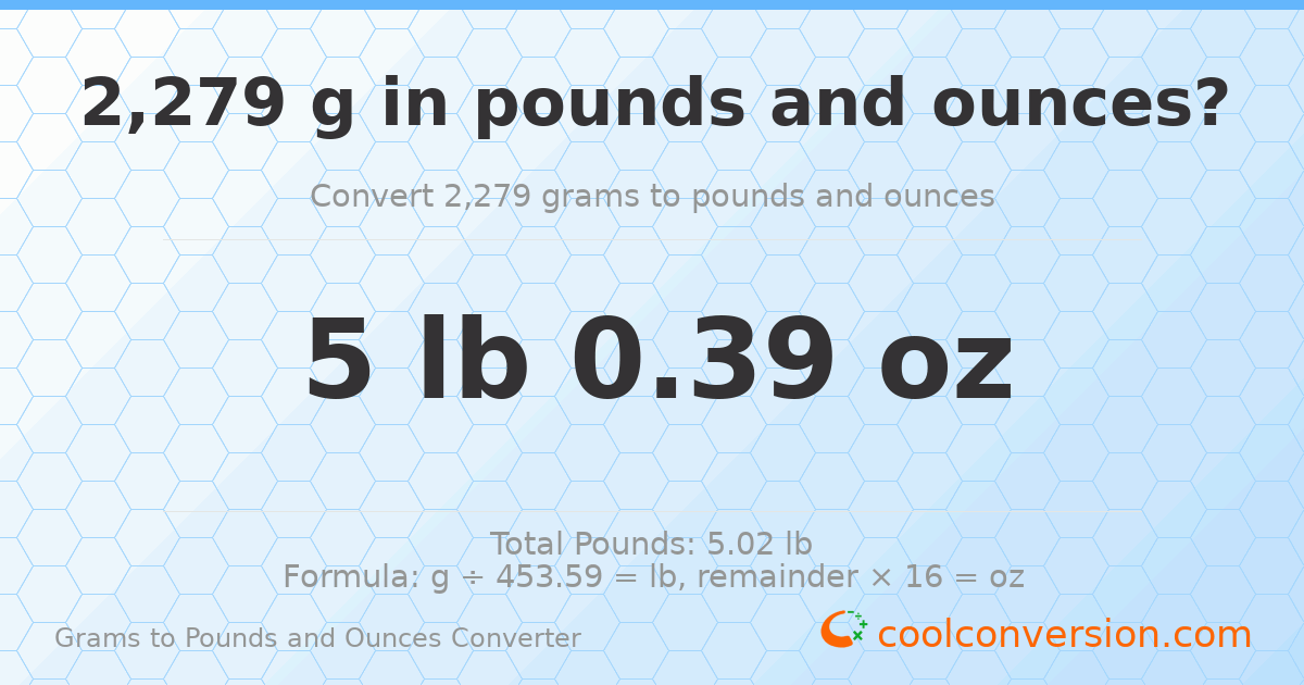 2279 g to lb and oz — 2279 g = 5 lb 0.39 oz