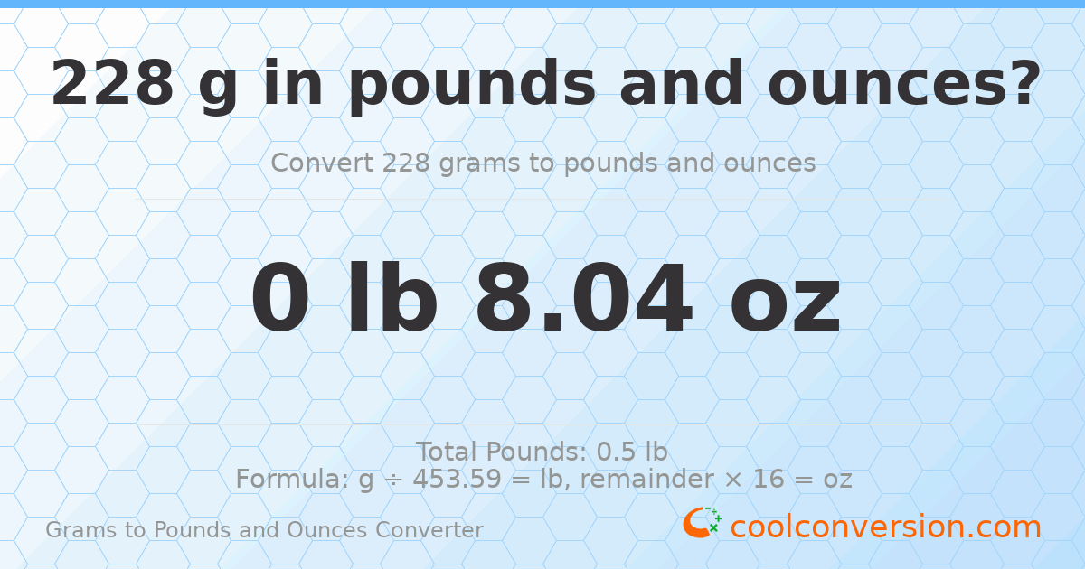 228 g to lb and oz — 228 g = 0 lb 8.04 oz