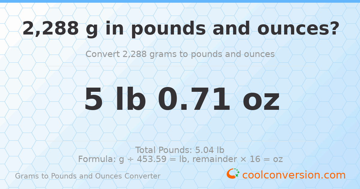2288 g to lb and oz — 2288 g = 5 lb 0.71 oz