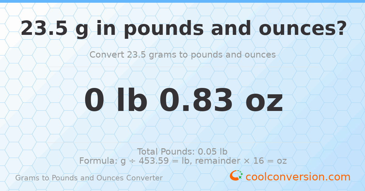 23.5 g to lb and oz — 23.5 g = 0 lb 0.83 oz
