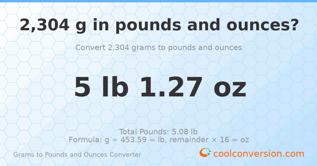 2304 g to lb and oz — 2304 g = 5 lb 1.27 oz