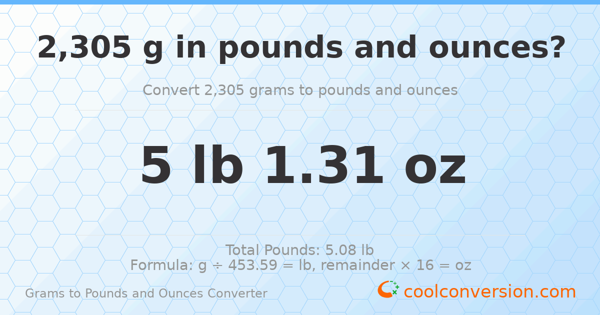 2305 g to lb and oz — 2305 g = 5 lb 1.31 oz