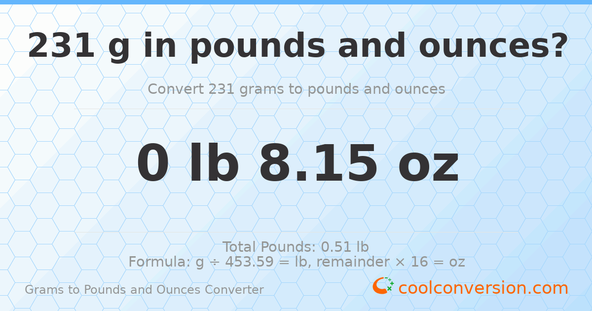 231 g to lb and oz — 231 g = 0 lb 8.15 oz