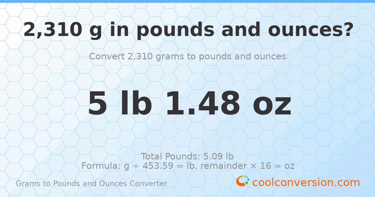 2310 g to lb and oz — 2310 g = 5 lb 1.48 oz