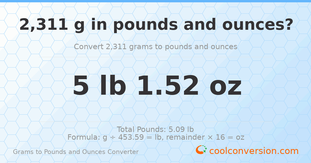 2311 g to lb and oz — 2311 g = 5 lb 1.52 oz
