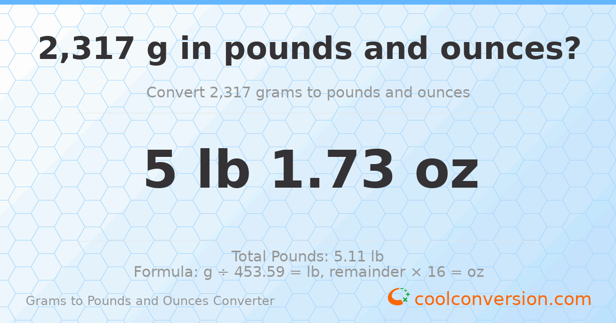 2317 g to lb and oz — 2317 g = 5 lb 1.73 oz