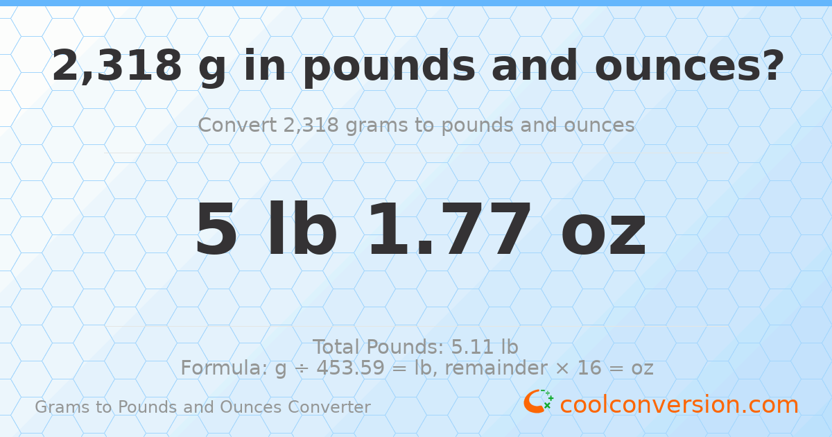 2318 g to lb and oz — 2318 g = 5 lb 1.77 oz