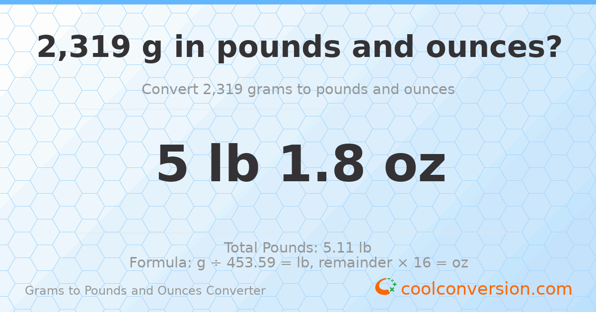 2319 g to lb and oz — 2319 g = 5 lb 1.8 oz