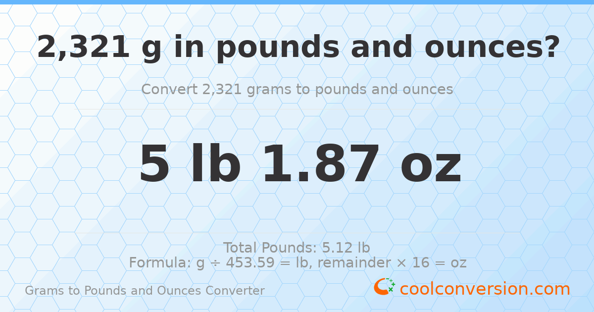 2321 g to lb and oz — 2321 g = 5 lb 1.87 oz