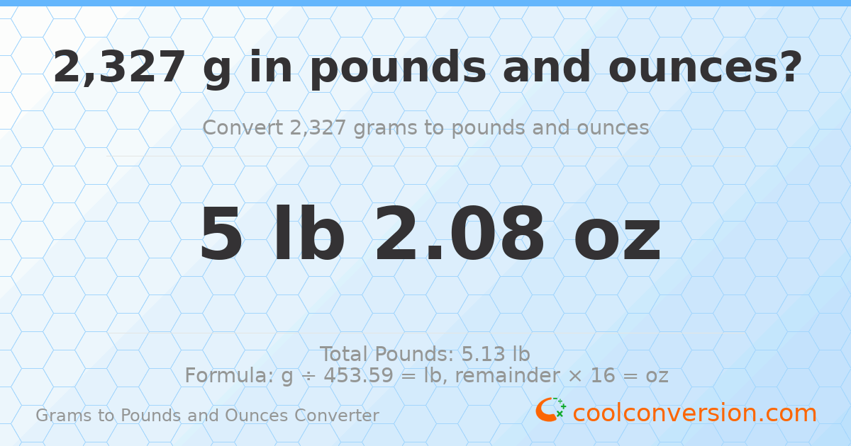 2327 g to lb and oz — 2327 g = 5 lb 2.08 oz
