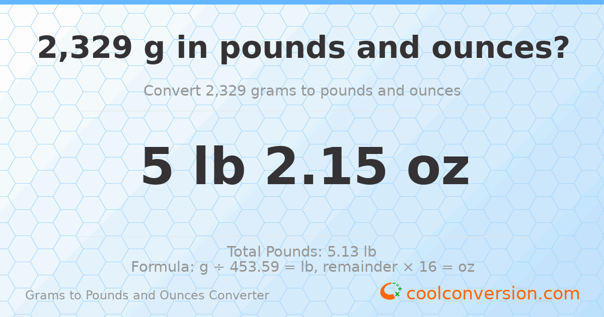 2329 g to lb and oz — 2329 g = 5 lb 2.15 oz