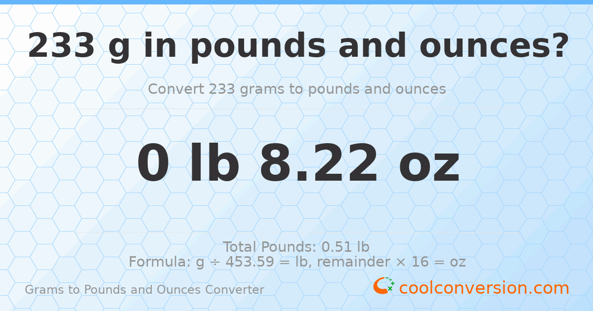 233 g to lb and oz — 233 g = 0 lb 8.22 oz