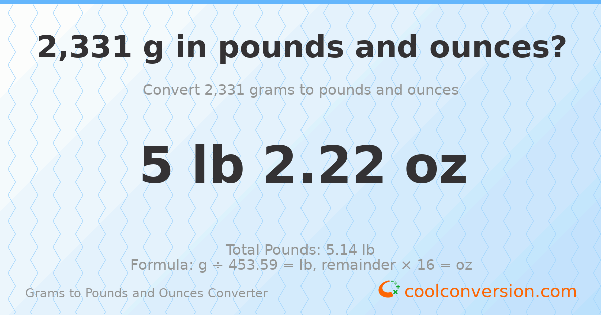 2331 g to lb and oz — 2331 g = 5 lb 2.22 oz