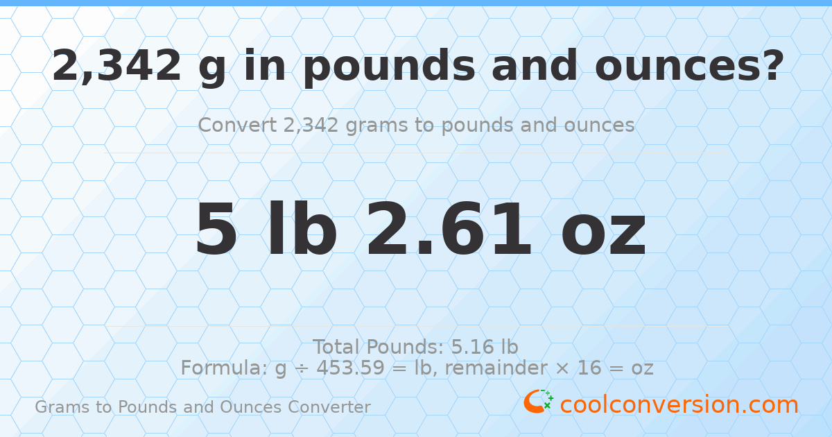 2342 g to lb and oz — 2342 g = 5 lb 2.61 oz