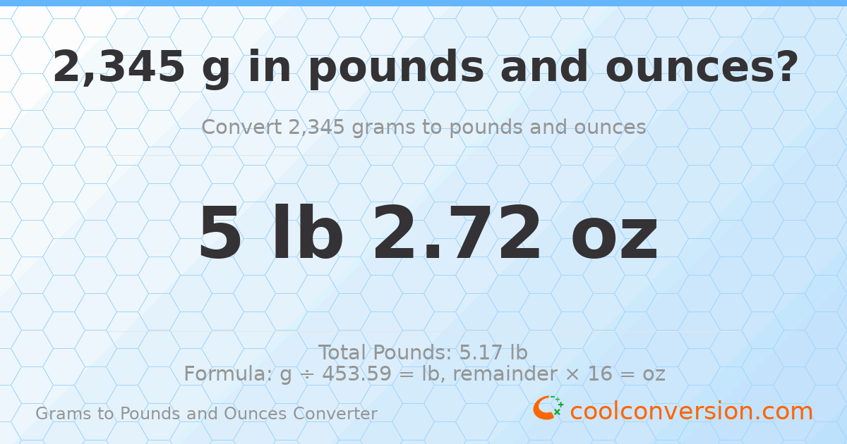 2345 g to lb and oz — 2345 g = 5 lb 2.72 oz