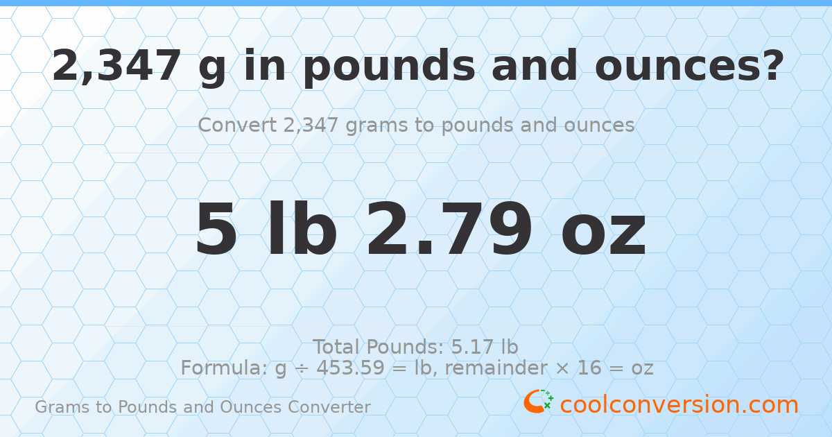 2347 g to lb and oz — 2347 g = 5 lb 2.79 oz