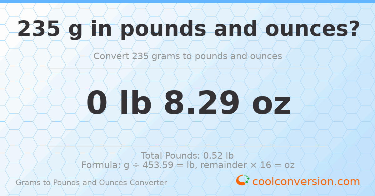 235 g to lb and oz — 235 g = 0 lb 8.29 oz