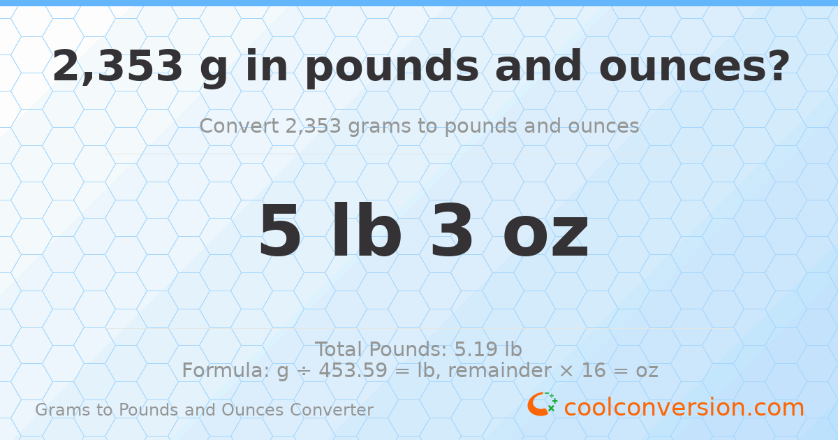 2353 g to lb and oz — 2353 g = 5 lb 3 oz