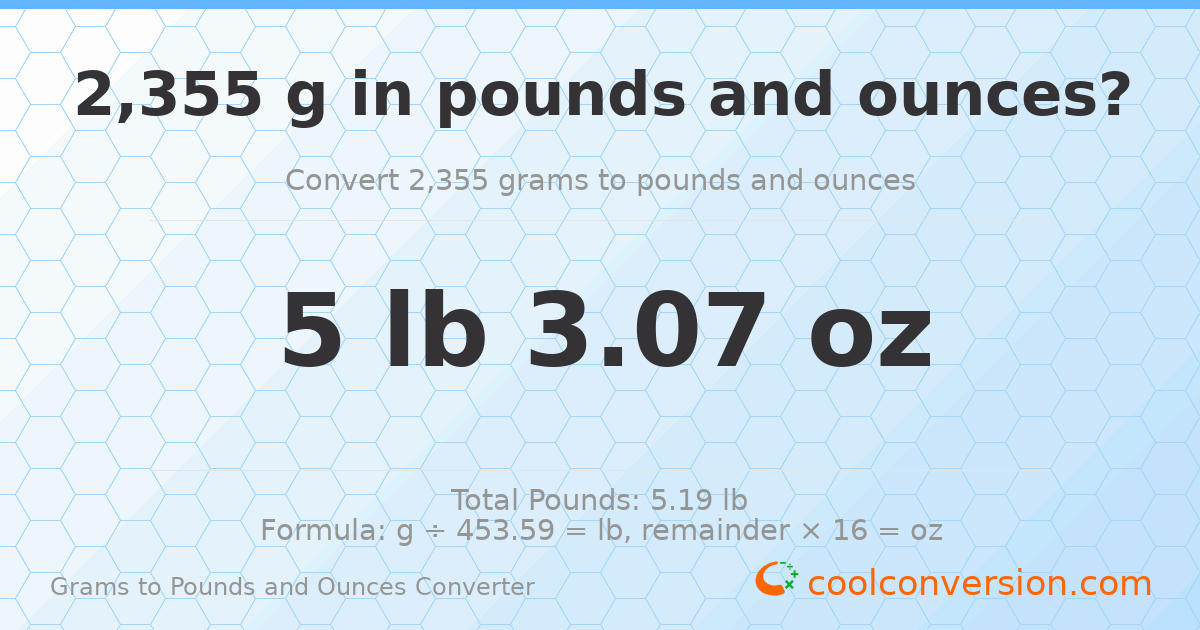 2355 g to lb and oz — 2355 g = 5 lb 3.07 oz
