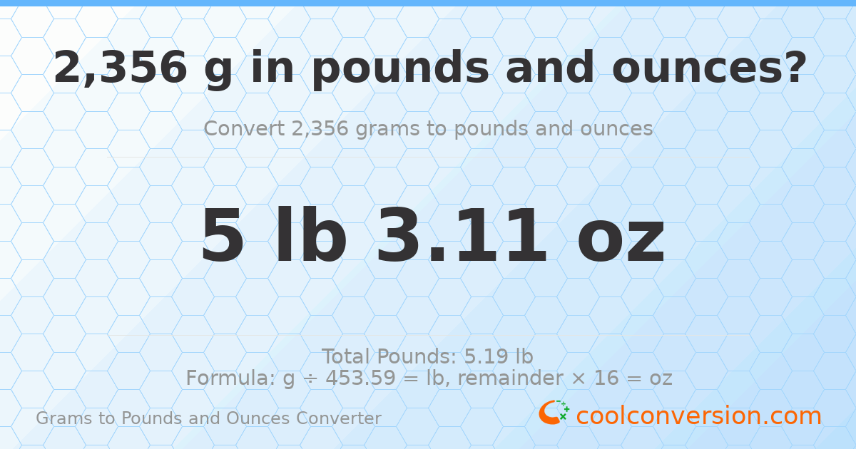 2356 g to lb and oz — 2356 g = 5 lb 3.11 oz