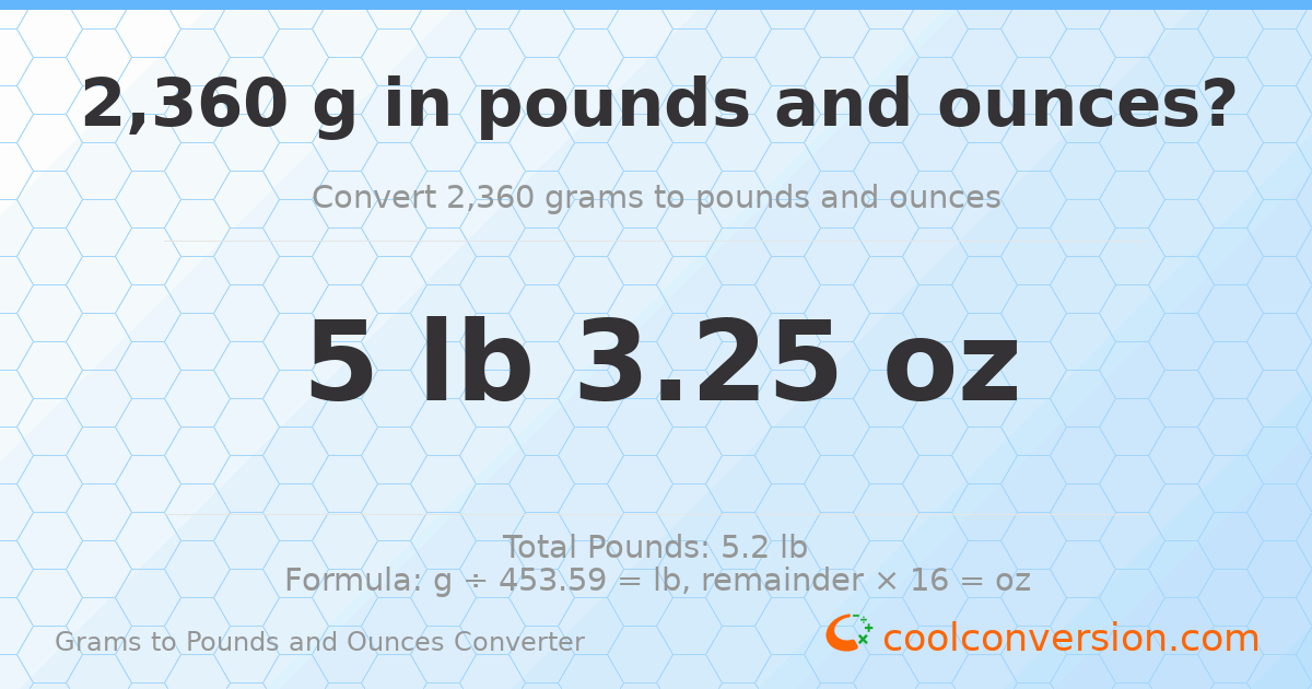 2360 g to lb and oz — 2360 g = 5 lb 3.25 oz