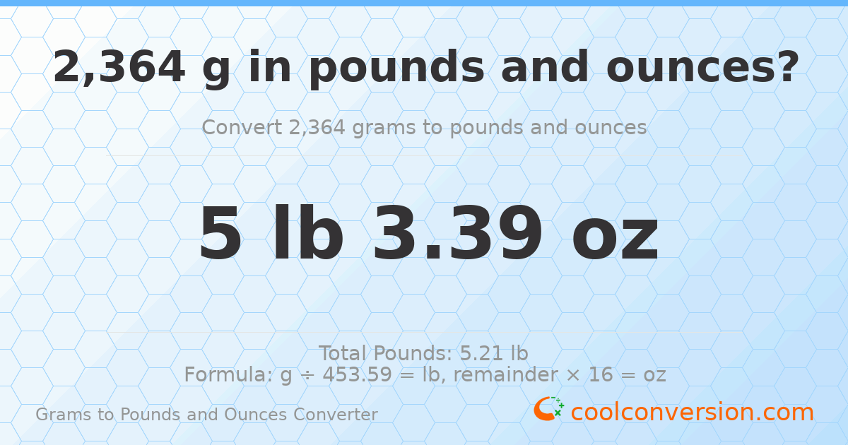 2364 g to lb and oz — 2364 g = 5 lb 3.39 oz