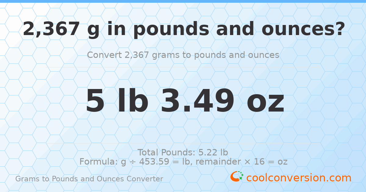 2367 g to lb and oz — 2367 g = 5 lb 3.49 oz