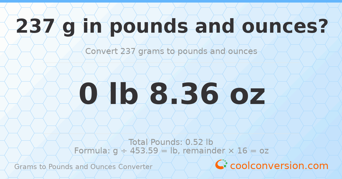 237 g to lb and oz — 237 g = 0 lb 8.36 oz