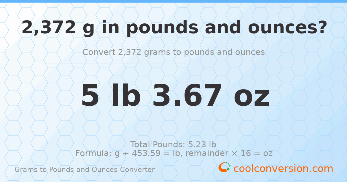 2372 g to lb and oz — 2372 g = 5 lb 3.67 oz