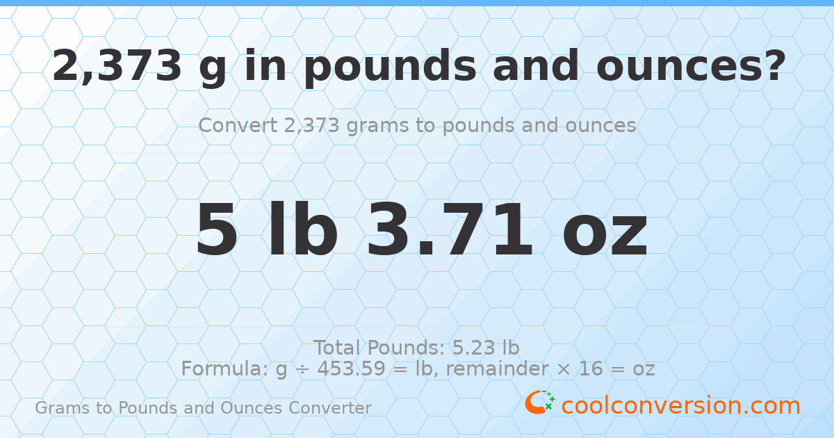 2373 g to lb and oz — 2373 g = 5 lb 3.71 oz