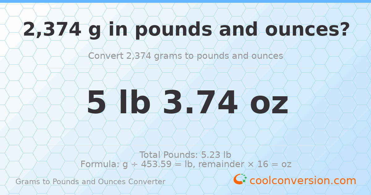 2374 g to lb and oz — 2374 g = 5 lb 3.74 oz