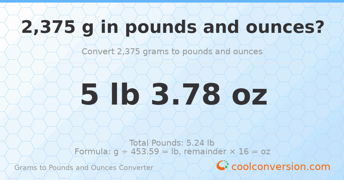 2375 g to lb and oz — 2375 g = 5 lb 3.78 oz