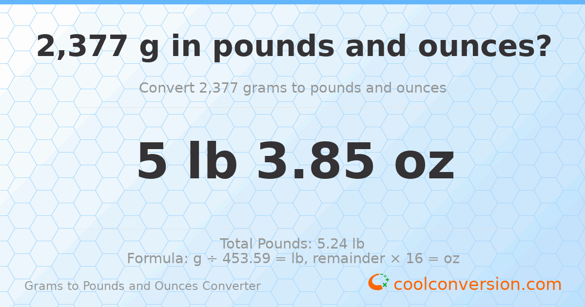 2377 g to lb and oz — 2377 g = 5 lb 3.85 oz