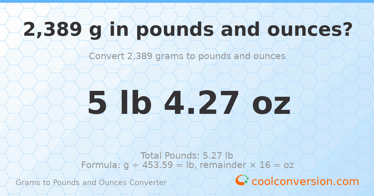 2389 g to lb and oz — 2389 g = 5 lb 4.27 oz
