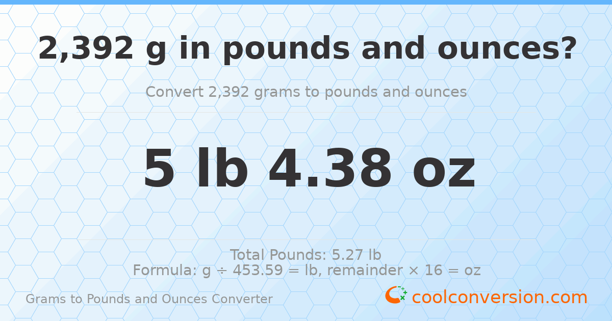 2392 g to lb and oz — 2392 g = 5 lb 4.38 oz