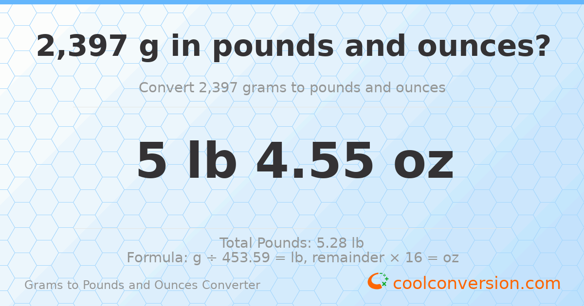2397 g to lb and oz — 2397 g = 5 lb 4.55 oz