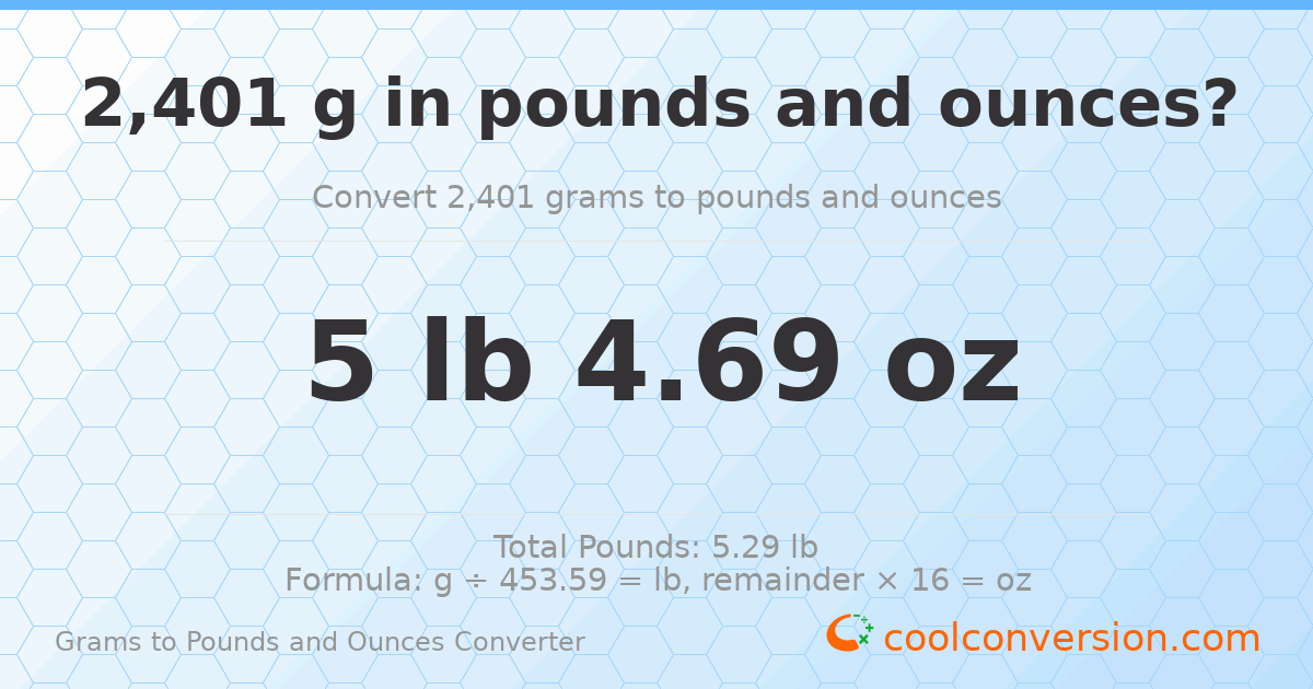 2401 g to lb and oz — 2401 g = 5 lb 4.69 oz