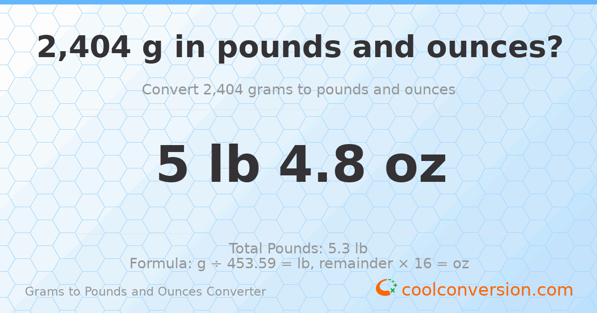 2404 g to lb and oz — 2404 g = 5 lb 4.8 oz