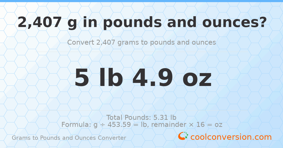 2407 g to lb and oz — 2407 g = 5 lb 4.9 oz