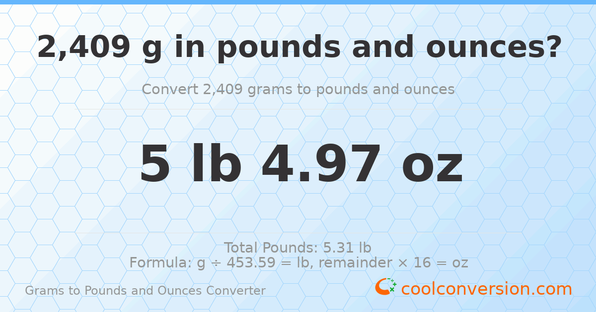2409 g to lb and oz — 2409 g = 5 lb 4.97 oz