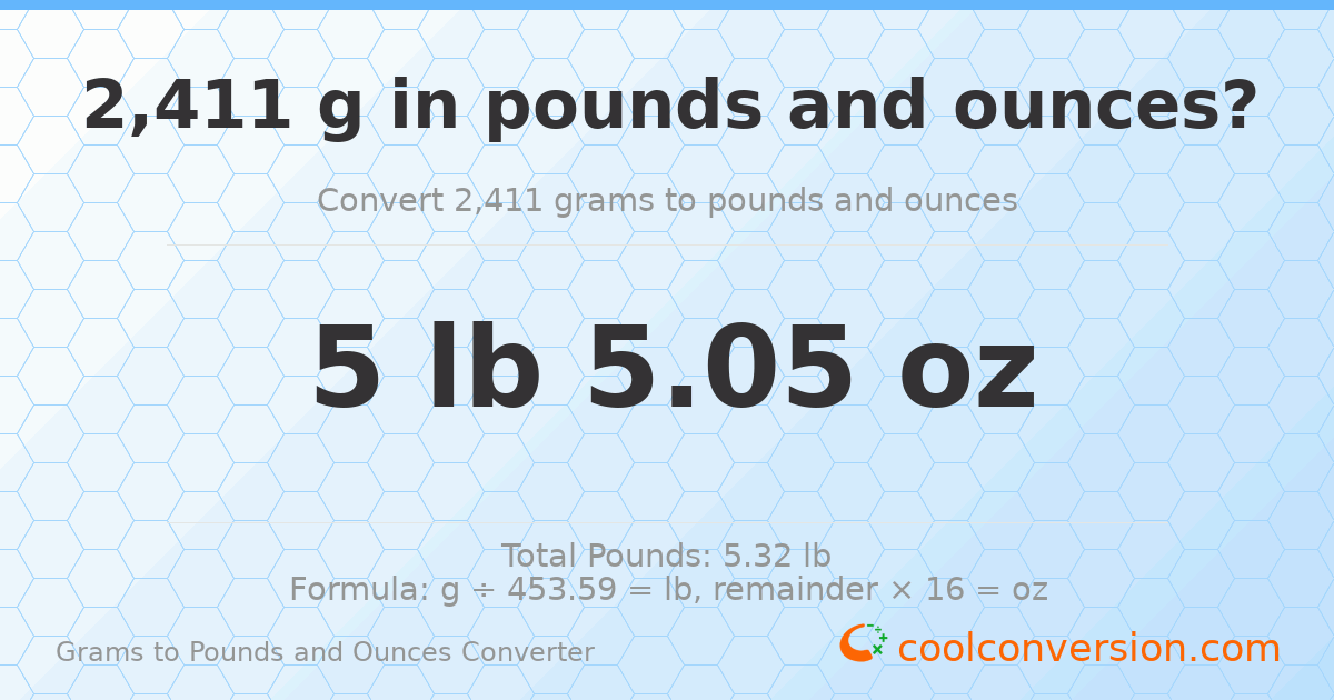 2411 g to lb and oz — 2411 g = 5 lb 5.05 oz