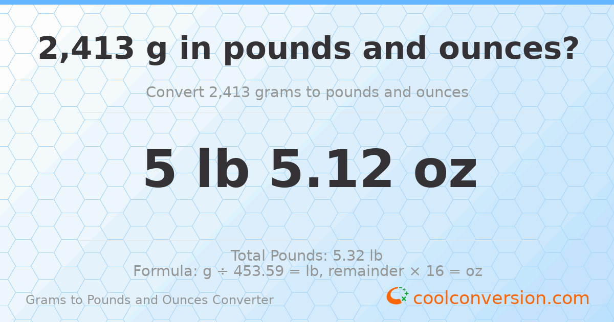 2413 g to lb and oz — 2413 g = 5 lb 5.12 oz