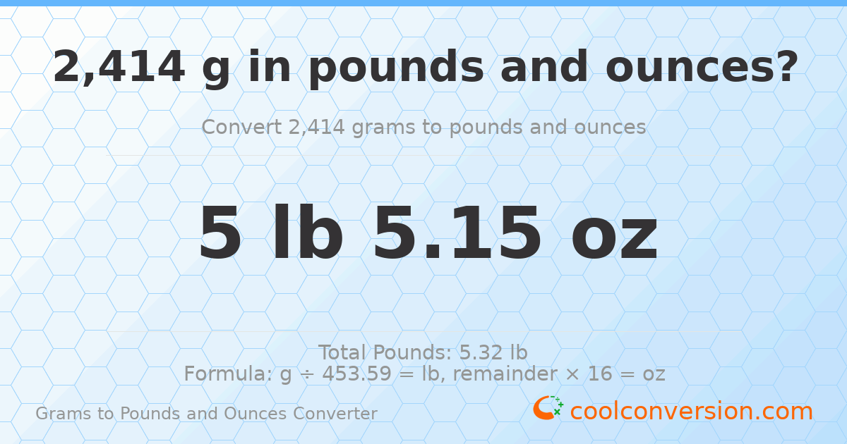 2414 g to lb and oz — 2414 g = 5 lb 5.15 oz