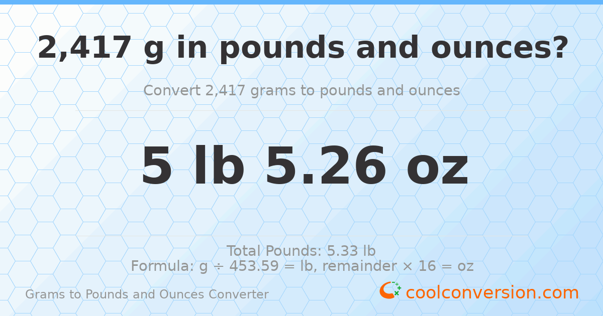 2417 g to lb and oz — 2417 g = 5 lb 5.26 oz