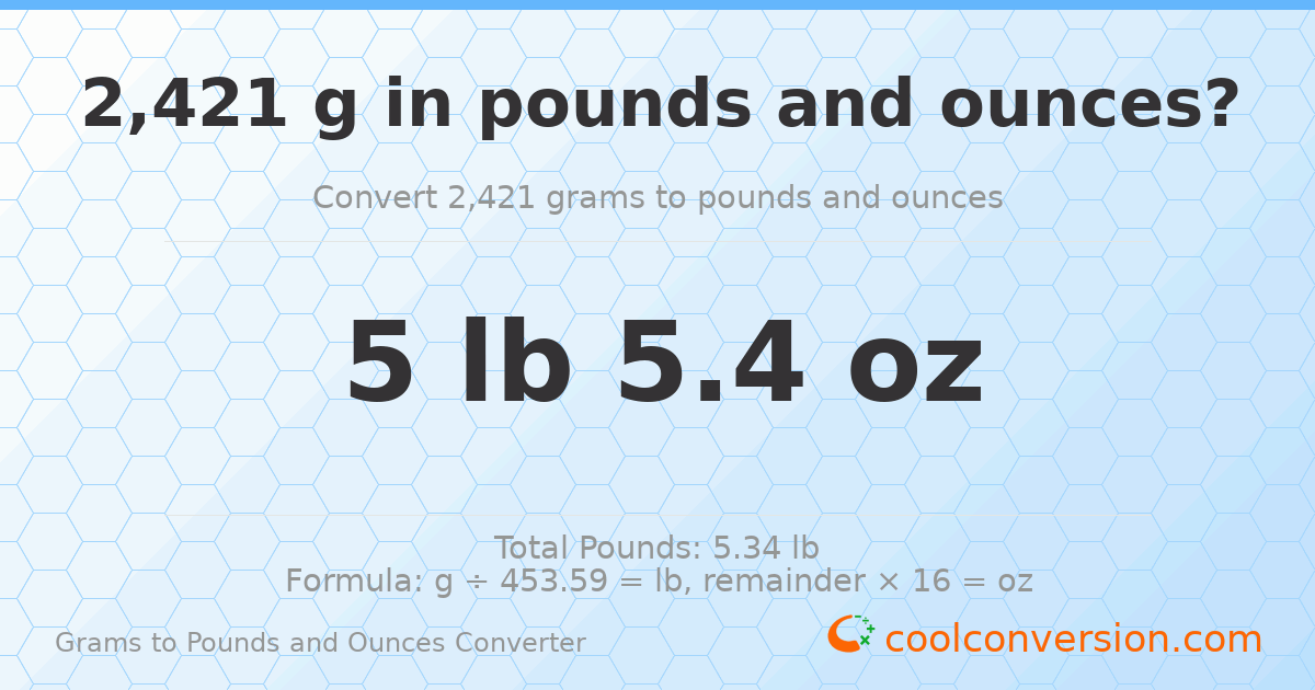 2421 g to lb and oz — 2421 g = 5 lb 5.4 oz
