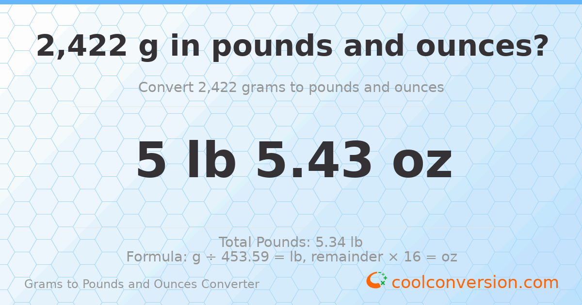 2422 g to lb and oz — 2422 g = 5 lb 5.43 oz