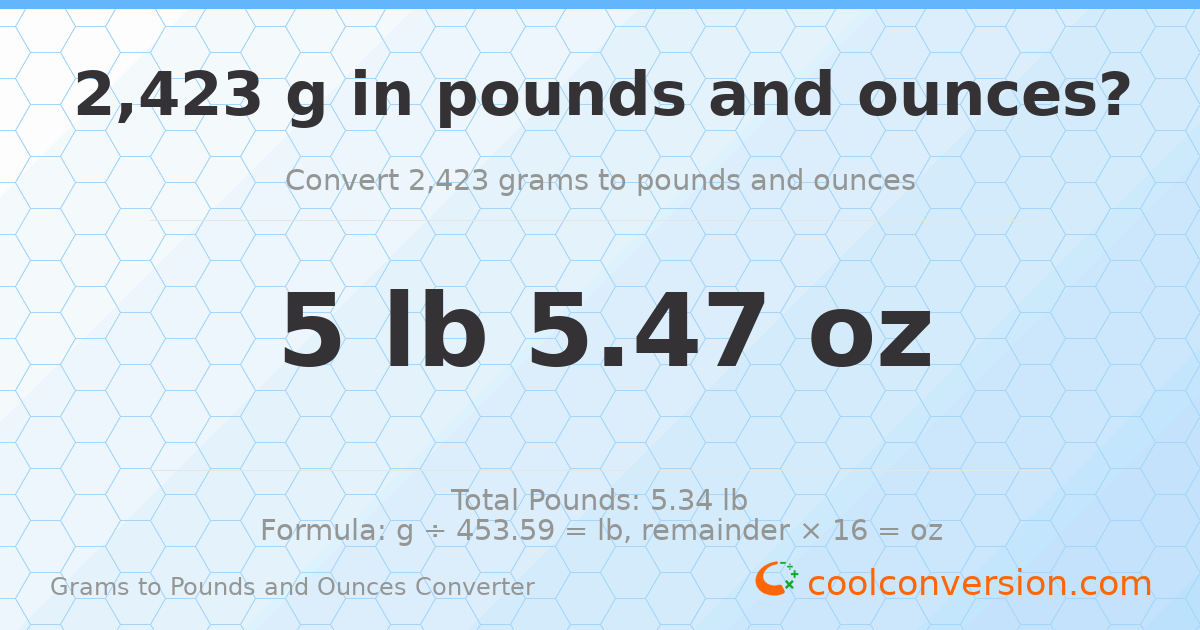 2423 g to lb and oz — 2423 g = 5 lb 5.47 oz