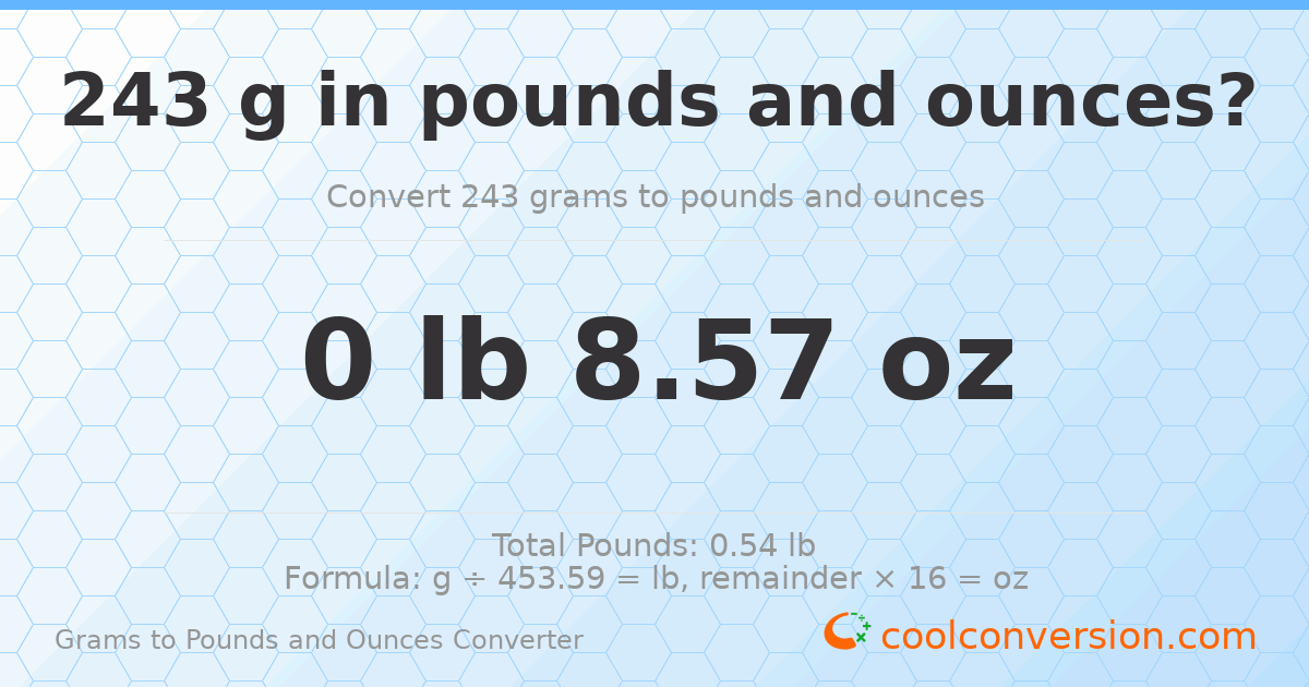 243 g to lb and oz — 243 g = 0 lb 8.57 oz